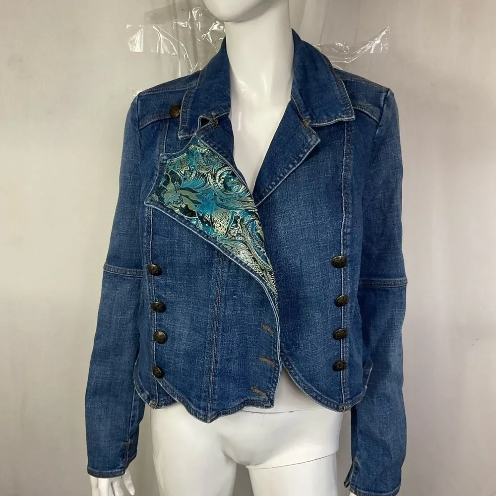 Free People Vintage Blue Long Sleeve Button Denim Military Band Jacket Size M - Picture 4 of 10